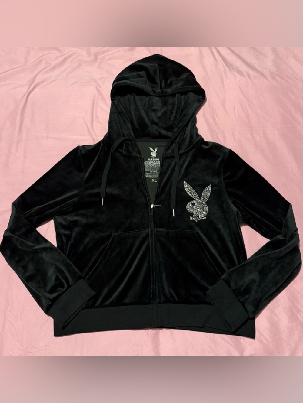 PLAYBOY Black Velour Hoodie with White Logo Print
